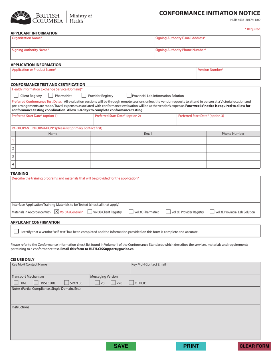 Form HLTH4636 Conformance Initiation Notice - British Columbia, Canada, Page 1