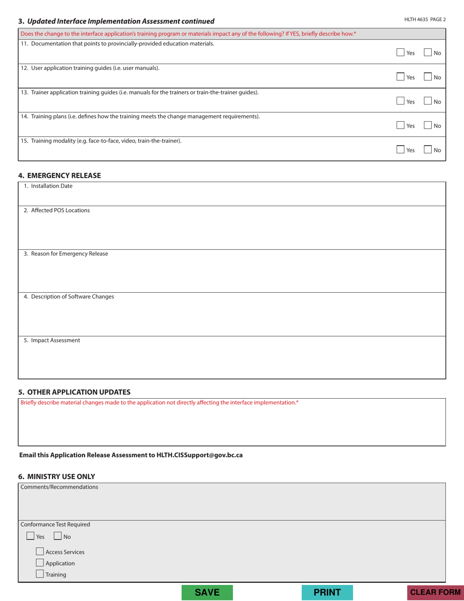 Form HLTH4635 Application Release Assessment - British Columbia, Canada, Page 2