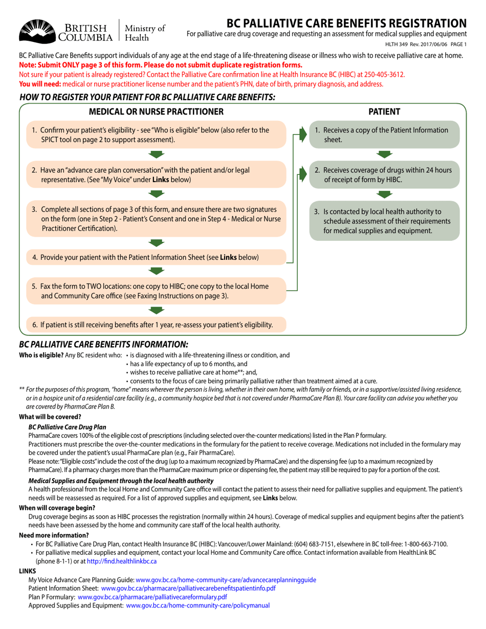 Form HLTH349 Bc Palliative Care Benefits Registration - British Columbia, Canada, Page 1