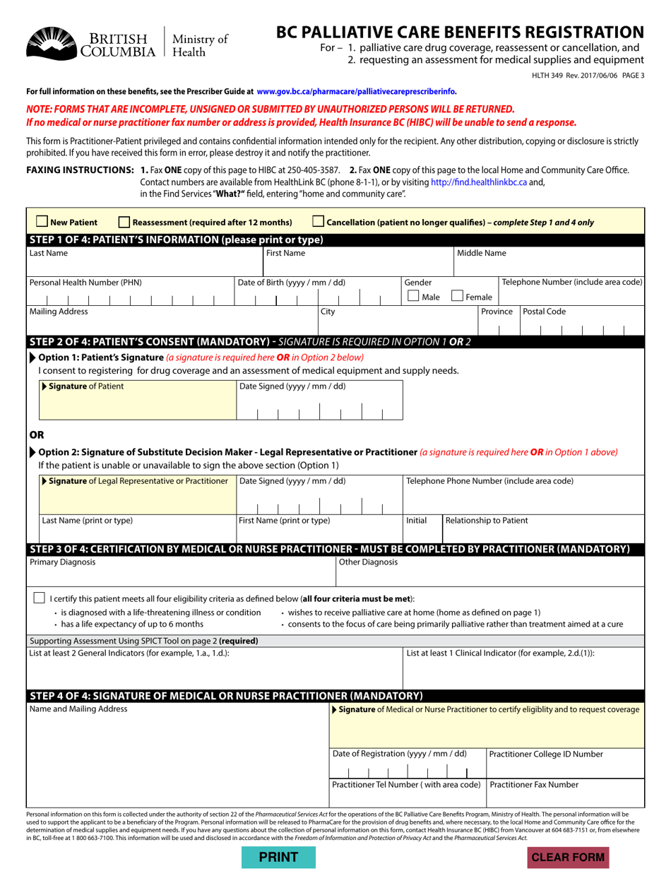Form HLTH349 Bc Palliative Care Benefits Registration - British Columbia, Canada, Page 3