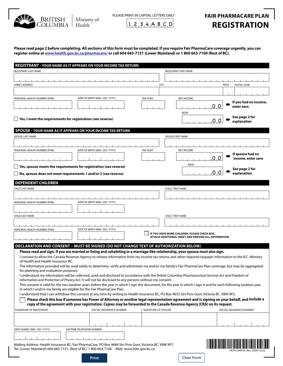 Form HLTH5349 Fair Pharmacare Plan Registration - British Columbia, Canada, Page 1