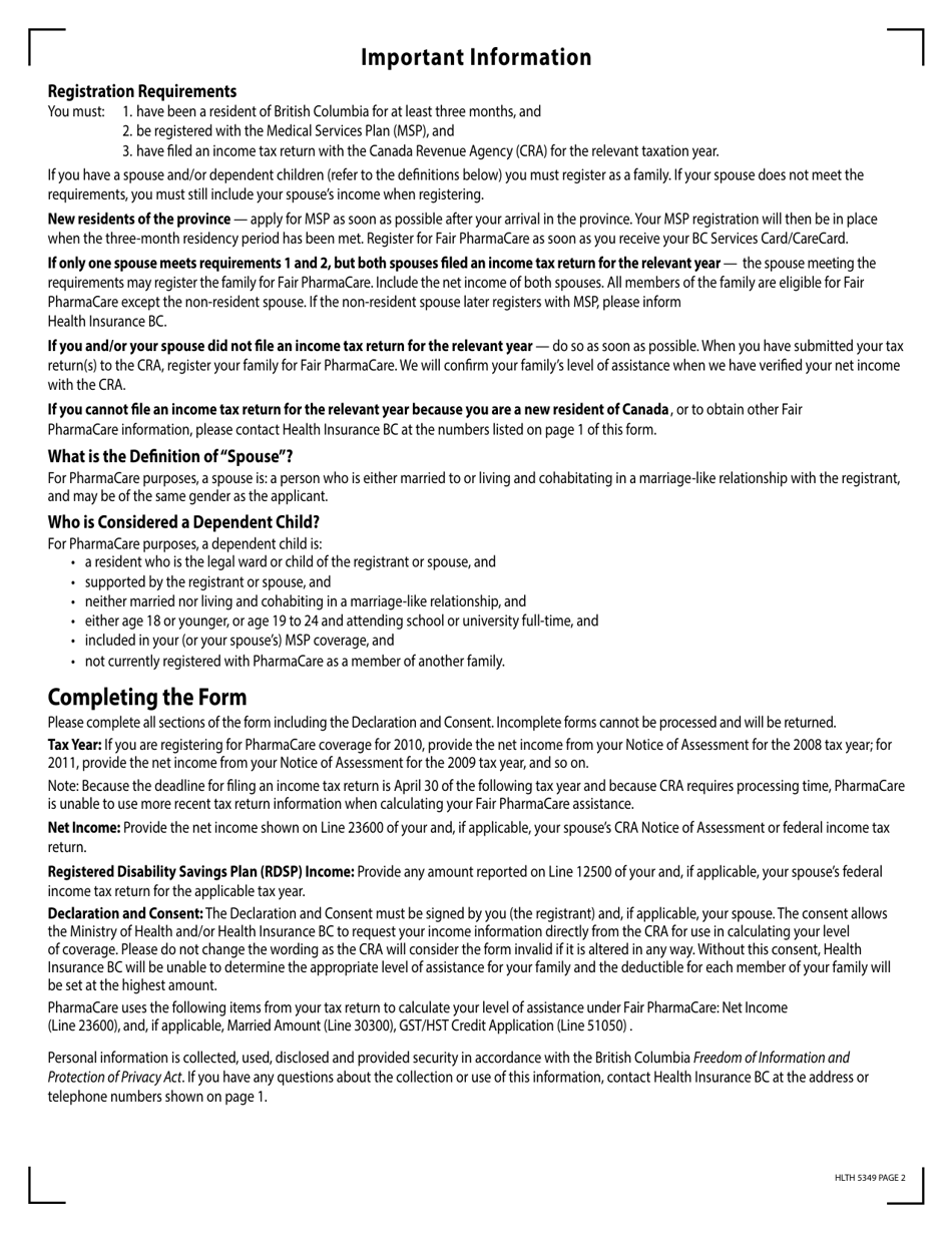 Form HLTH5349 Fair Pharmacare Plan Registration - British Columbia, Canada, Page 2