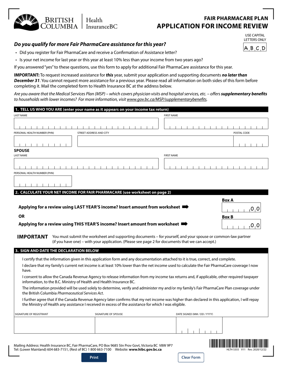 Form HLTH5355 Fair Pharmacare Plan - Application for Income Review - British Columbia, Canada, Page 1