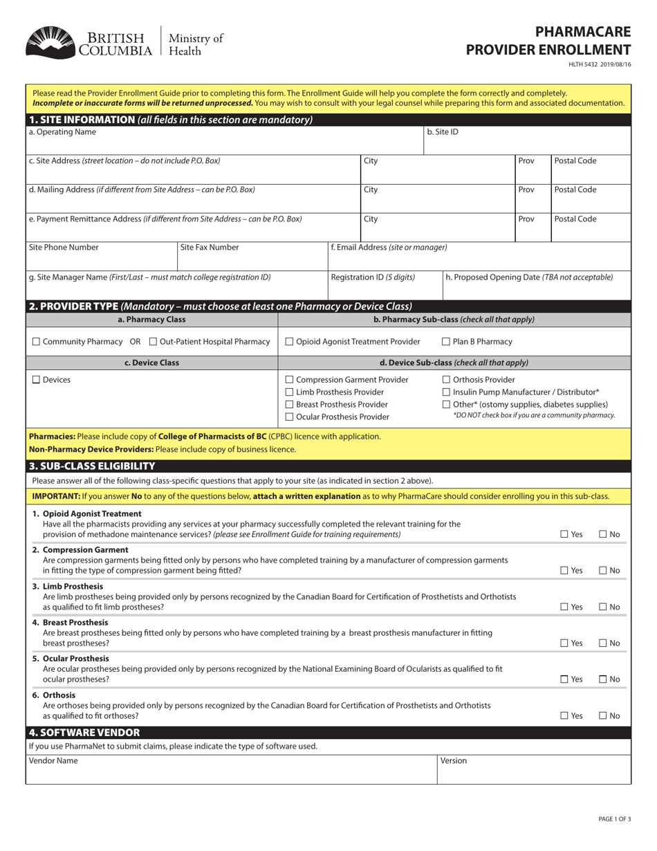 Form HLTH5432 Pharmacare Provider Enrollment - British Columbia, Canada, Page 1