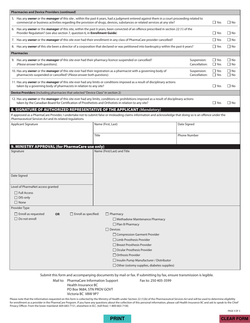 Form HLTH5432 Pharmacare Provider Enrollment - British Columbia, Canada, Page 3
