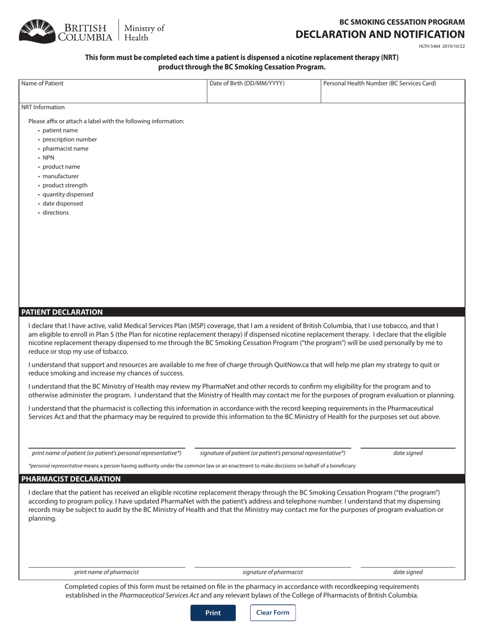 Form HLTH5464 Bc Smoking Cessation Program Declaration and Notification - British Columbia, Canada, Page 1