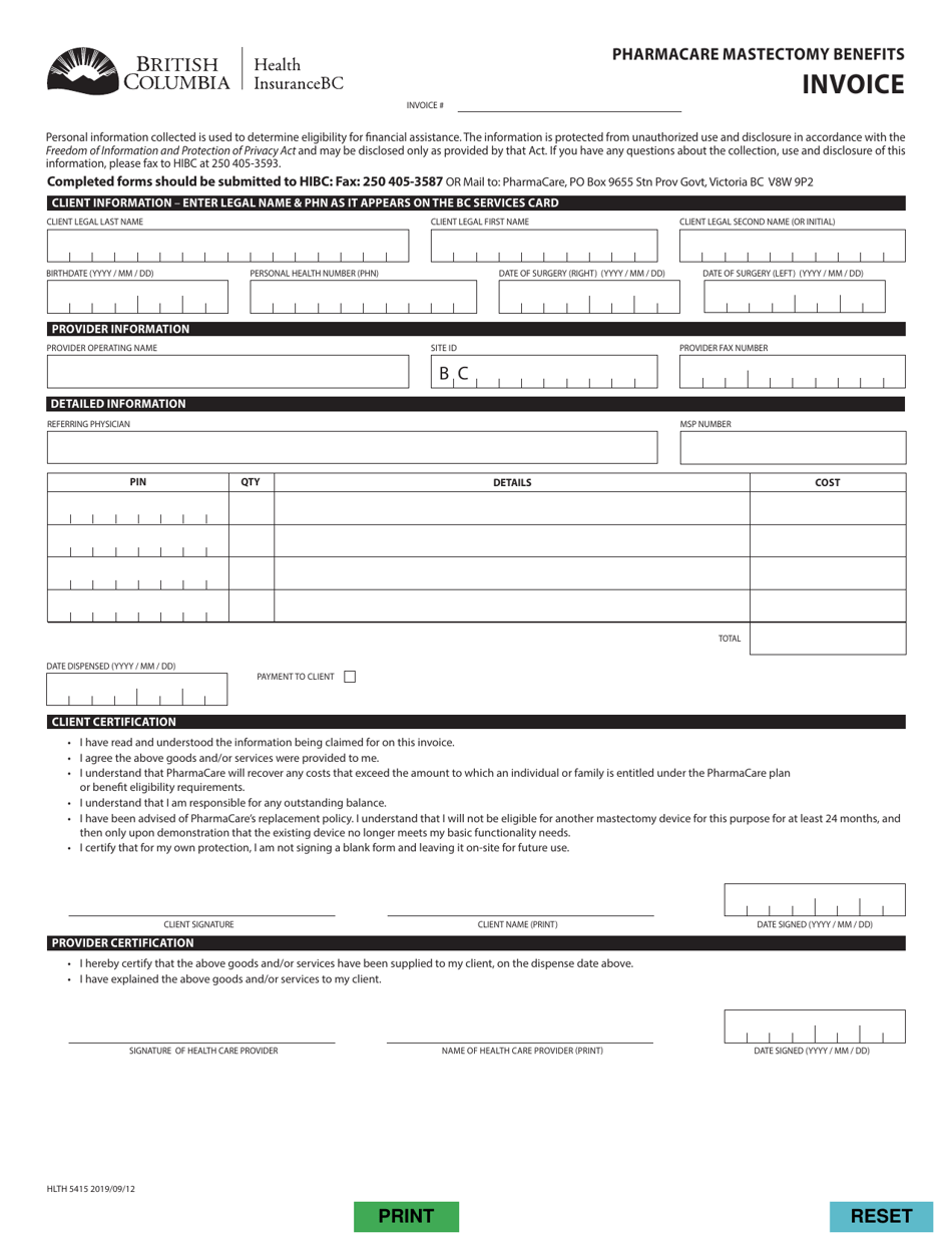 Form HLTH5415 Pharmacare Mastectomy Benefits Invoice - British Columbia, Canada, Page 1