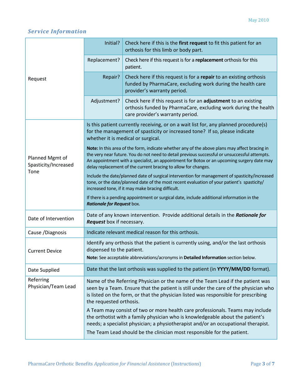Instructions for Form HLTH5400 Pharmacare Orthotic Benefits Application for Financial Assistance - British Columbia, Canada, Page 3