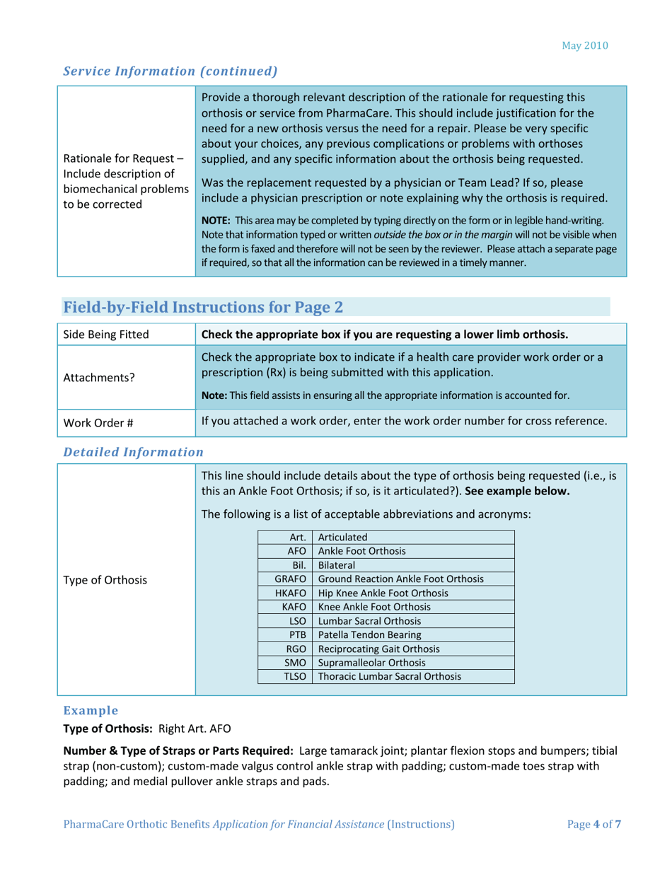 Instructions for Form HLTH5400 Pharmacare Orthotic Benefits Application for Financial Assistance - British Columbia, Canada, Page 4
