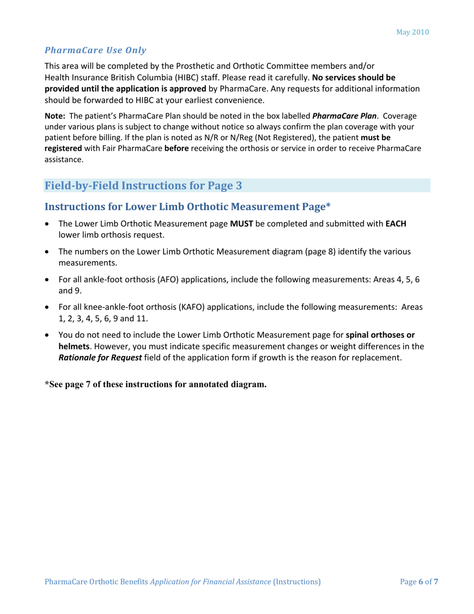 Instructions for Form HLTH5400 Pharmacare Orthotic Benefits Application for Financial Assistance - British Columbia, Canada, Page 6