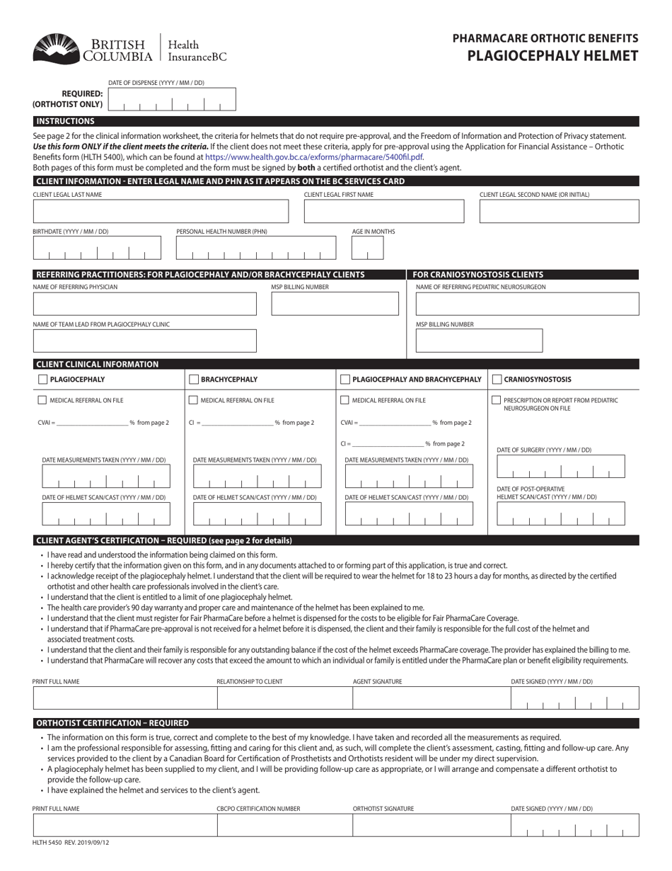 Form HLTH5450 Pharmacare Orthotic Benefits - Plagiocephaly Helmet - British Columbia, Canada, Page 1