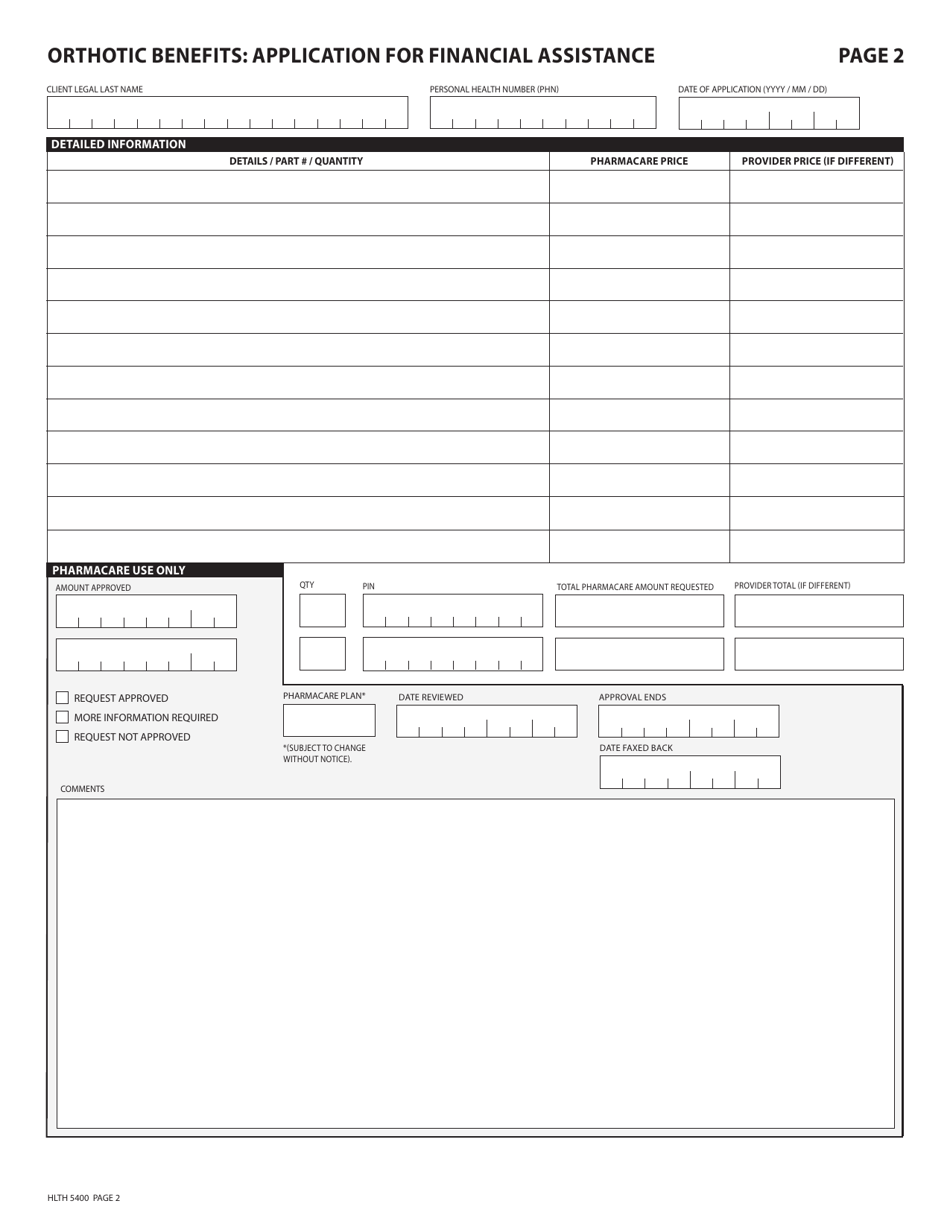 Form HLTH5400 Pharmacare Orthotic Benefits Application for Financial Assistance - British Columbia, Canada, Page 2