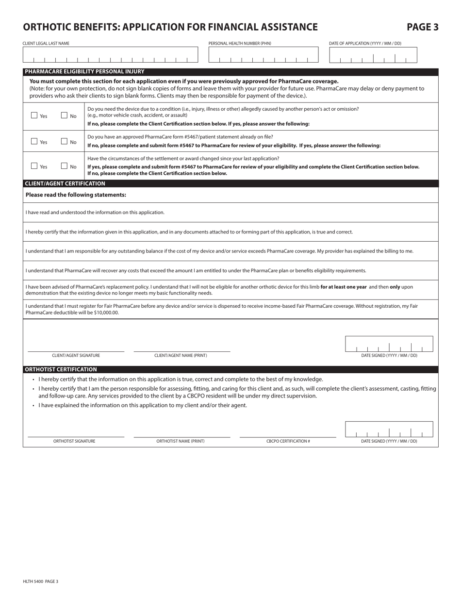 Form HLTH5400 Pharmacare Orthotic Benefits Application for Financial Assistance - British Columbia, Canada, Page 3