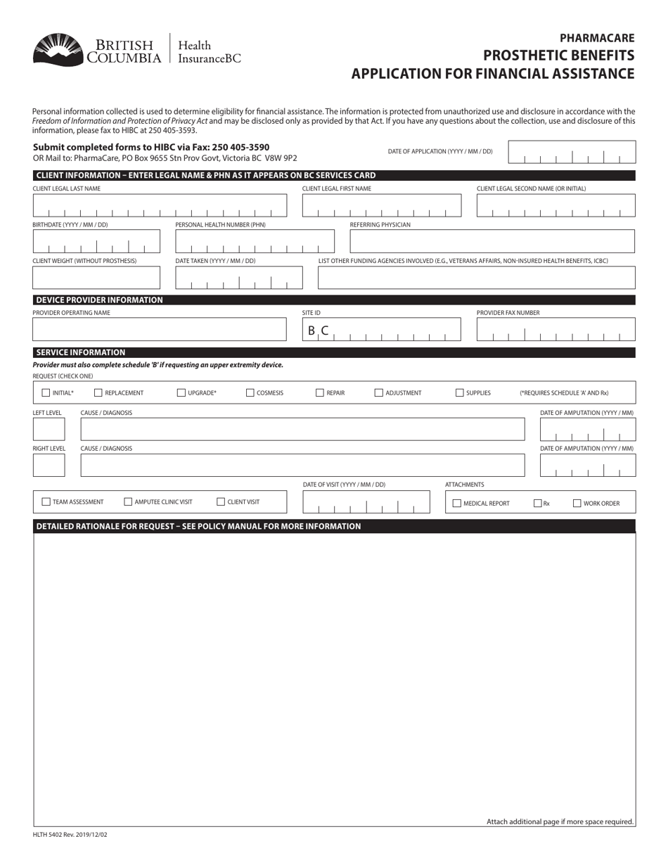 Form HLTH5402 Pharmacare Prosthetic Benefits Application for Financial Assistance - British Columbia, Canada, Page 1