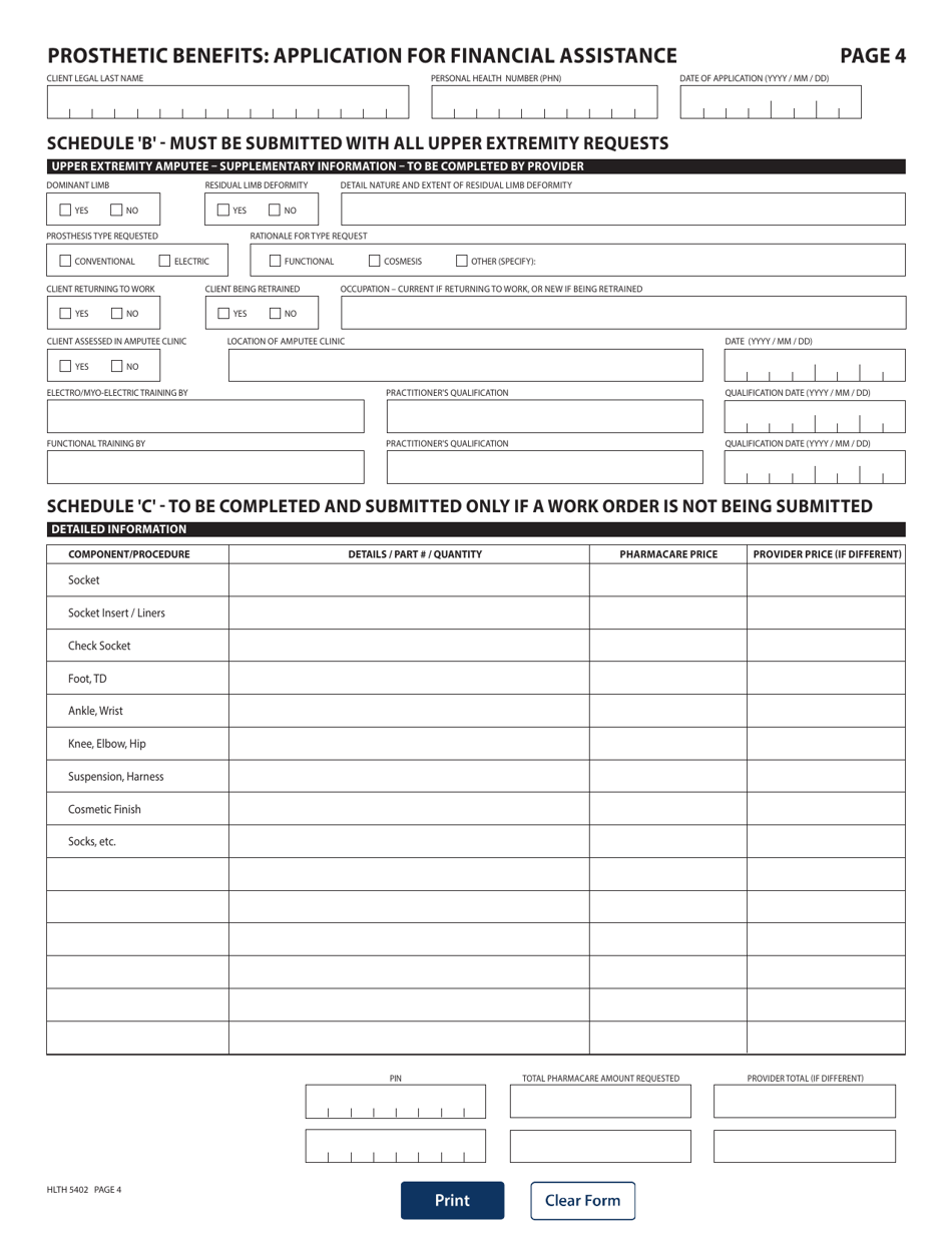 Form HLTH5402 Pharmacare Prosthetic Benefits Application for Financial Assistance - British Columbia, Canada, Page 4