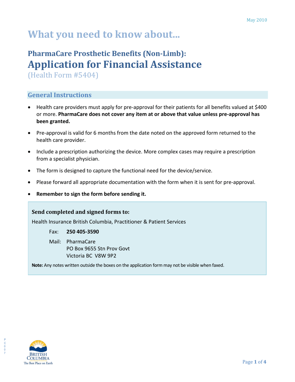 Instructions for Form HLTH5404 Pharmacare Prosthetic Benefits (Non-limb) Application for Financial Assistance - British Columbia, Canada, Page 1