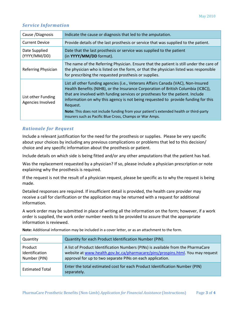 Instructions for Form HLTH5404 Pharmacare Prosthetic Benefits (Non-limb) Application for Financial Assistance - British Columbia, Canada, Page 3