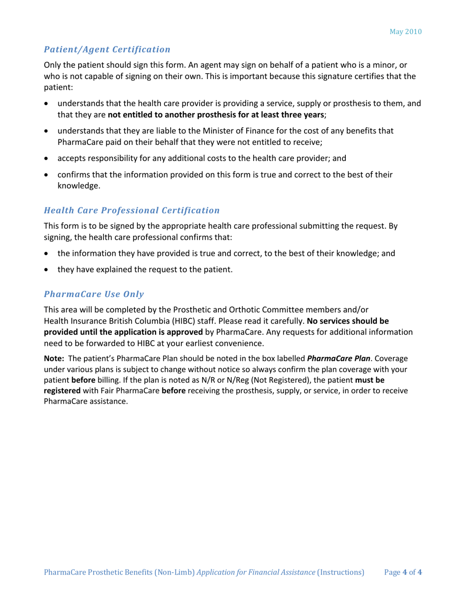 Instructions for Form HLTH5404 Pharmacare Prosthetic Benefits (Non-limb) Application for Financial Assistance - British Columbia, Canada, Page 4