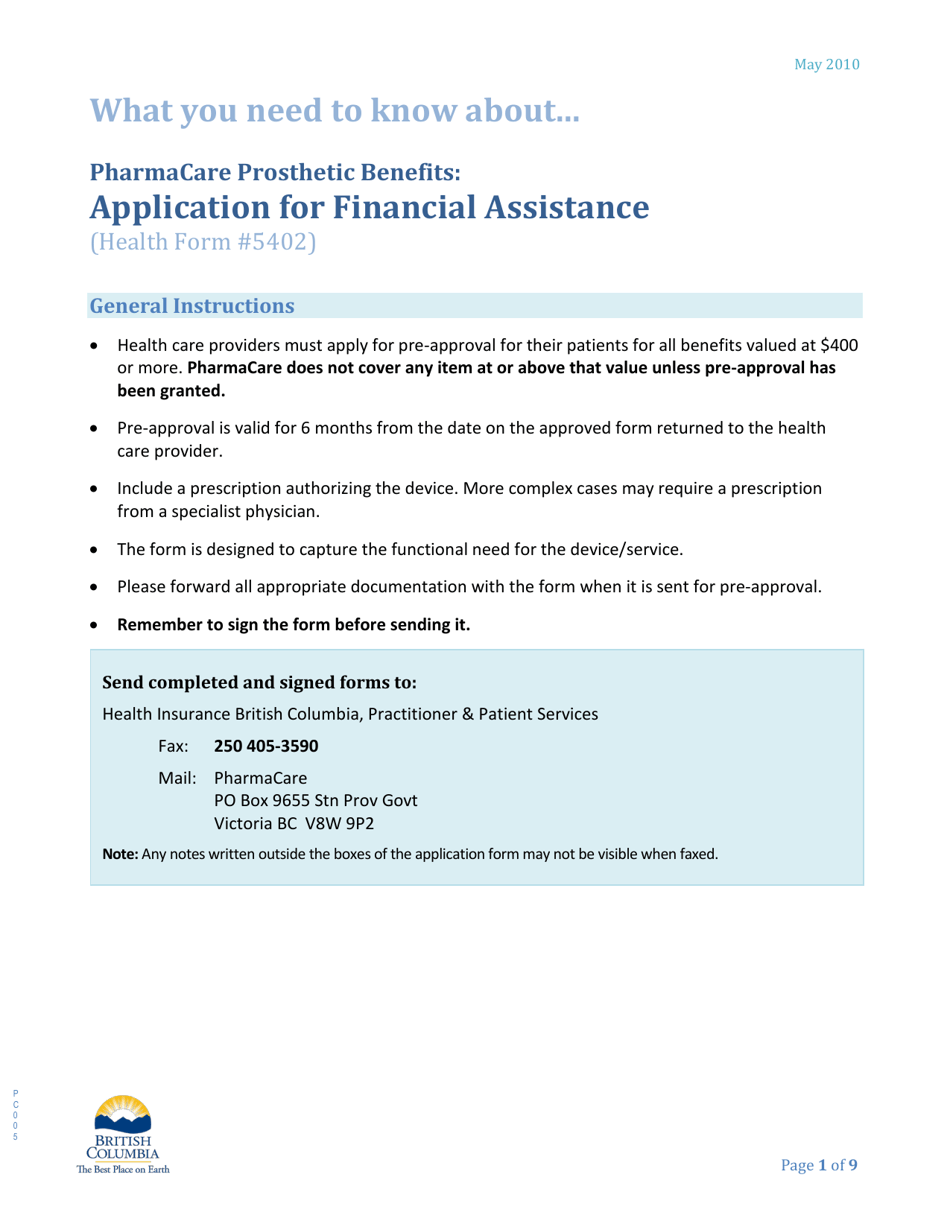 Instructions for Form HLTH5402 Pharmacare Prosthetic Benefits Application for Financial Assistance - British Columbia, Canada, Page 1
