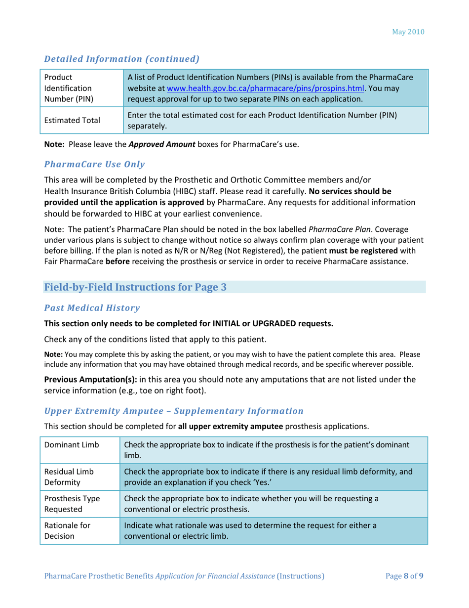 Instructions for Form HLTH5402 Pharmacare Prosthetic Benefits Application for Financial Assistance - British Columbia, Canada, Page 8