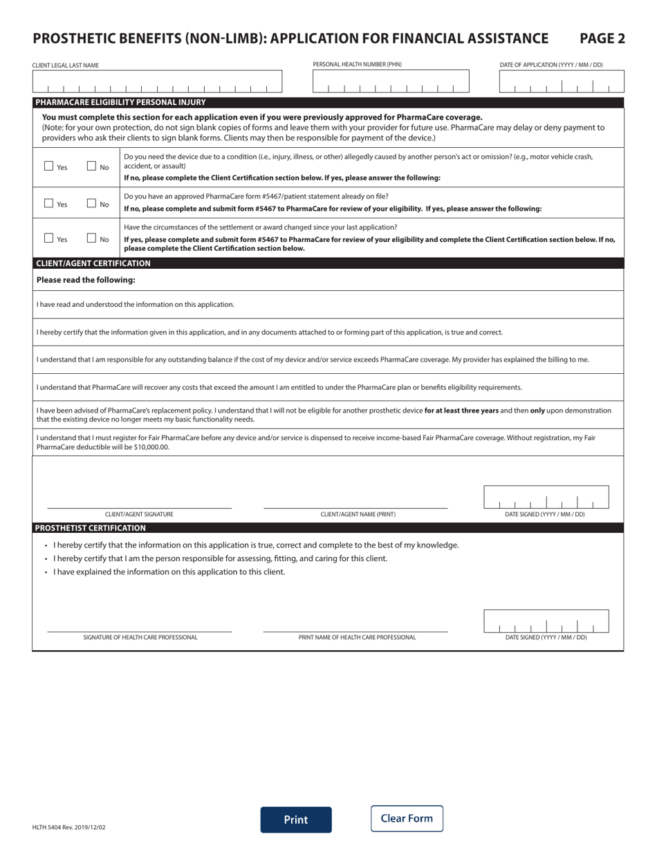 Form HLTH5404 Pharmacare Prosthetic Benefits (Non-limb) Application for Financial Assistance - British Columbia, Canada, Page 2