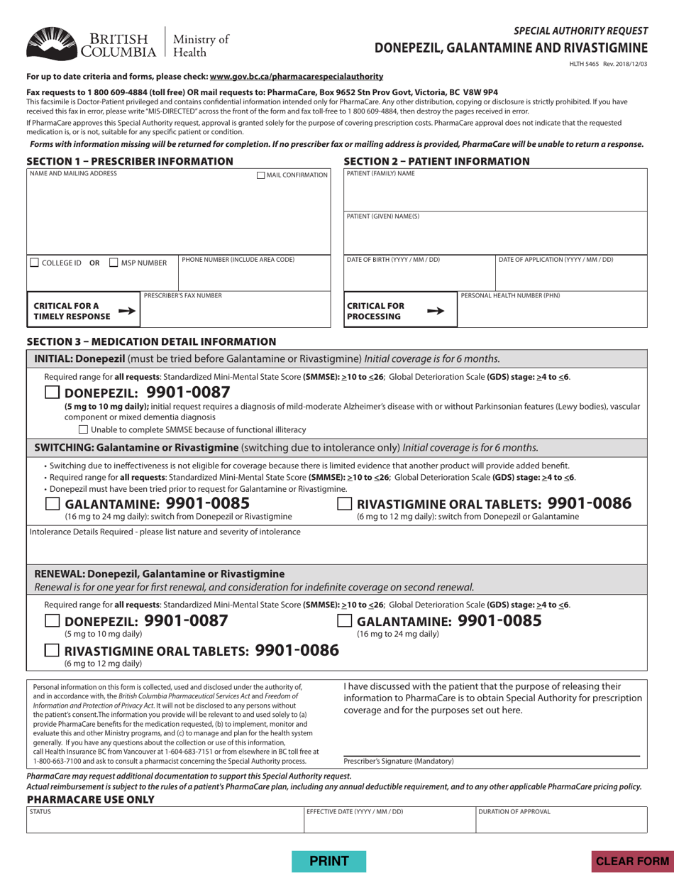 Form HLTH5465 Special Authority Request - Donepezil, Galantamine and Rivastigmine - British Columbia, Canada, Page 1