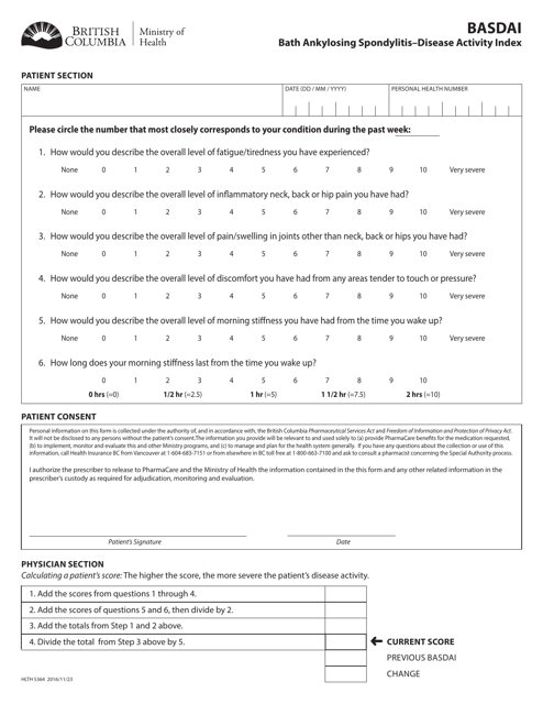 Form HLTH5364 Basdai - Bath Ankylosing Spondylitis-Disease Activity Index - British Columbia, Canada