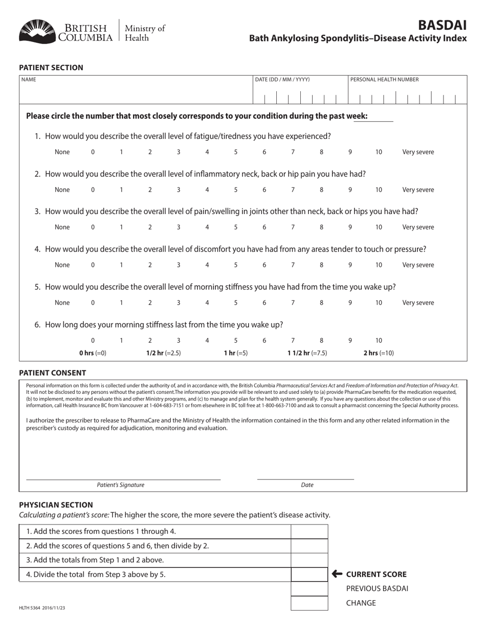 Form HLTH5364 Basdai - Bath Ankylosing Spondylitis-Disease Activity Index - British Columbia, Canada, Page 1