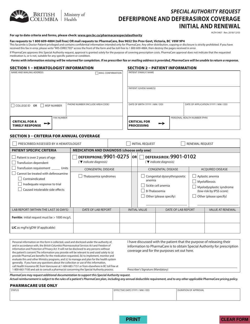 Form HLTH5407 Special Authority Request - Deferiprone and Deferasirox Coverage Initial and Renewal - British Columbia, Canada, Page 1