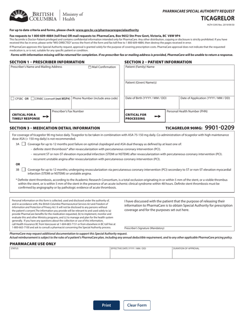 Form HLTH5395 Pharmacare Special Authority Request - Ticagrelor - British Columbia, Canada