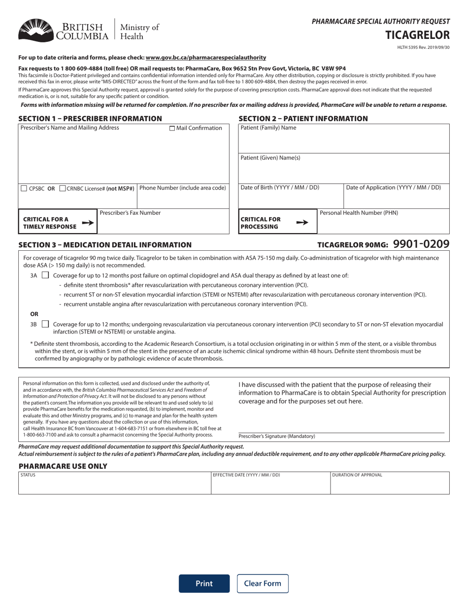Form HLTH5395 Pharmacare Special Authority Request - Ticagrelor - British Columbia, Canada, Page 1