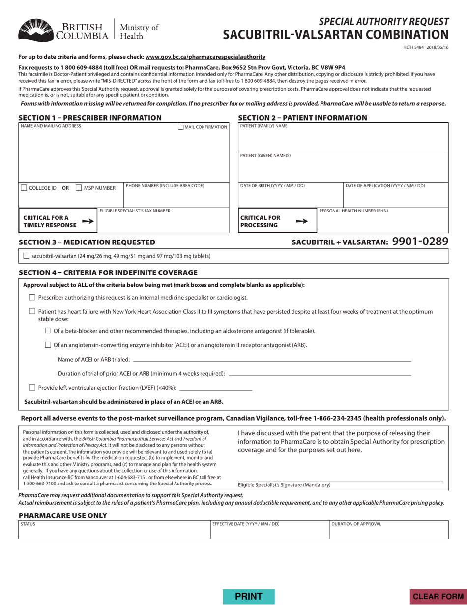 Form HLTH5484 Special Authority Request - Sacubitril-Valsartan Combination - British Columbia, Canada, Page 1