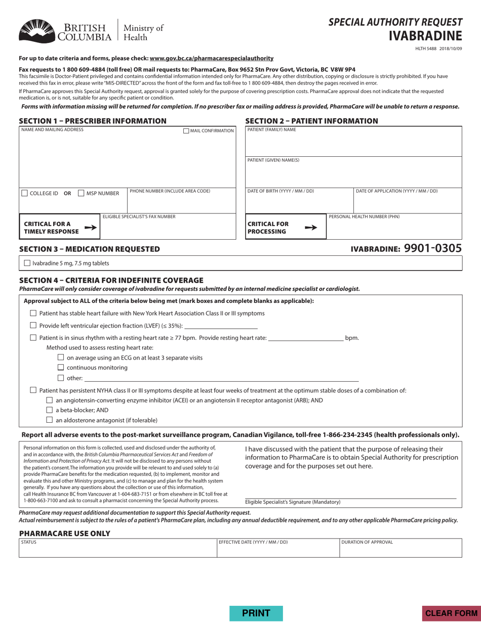 Form HLTH5488 Special Authority Request - Ivabradine - British Columbia, Canada, Page 1