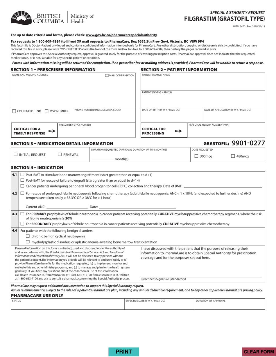 Form HLTH5470 Special Authority Request - Filgrastim (Grastofil Type) - British Columbia, Canada, Page 1