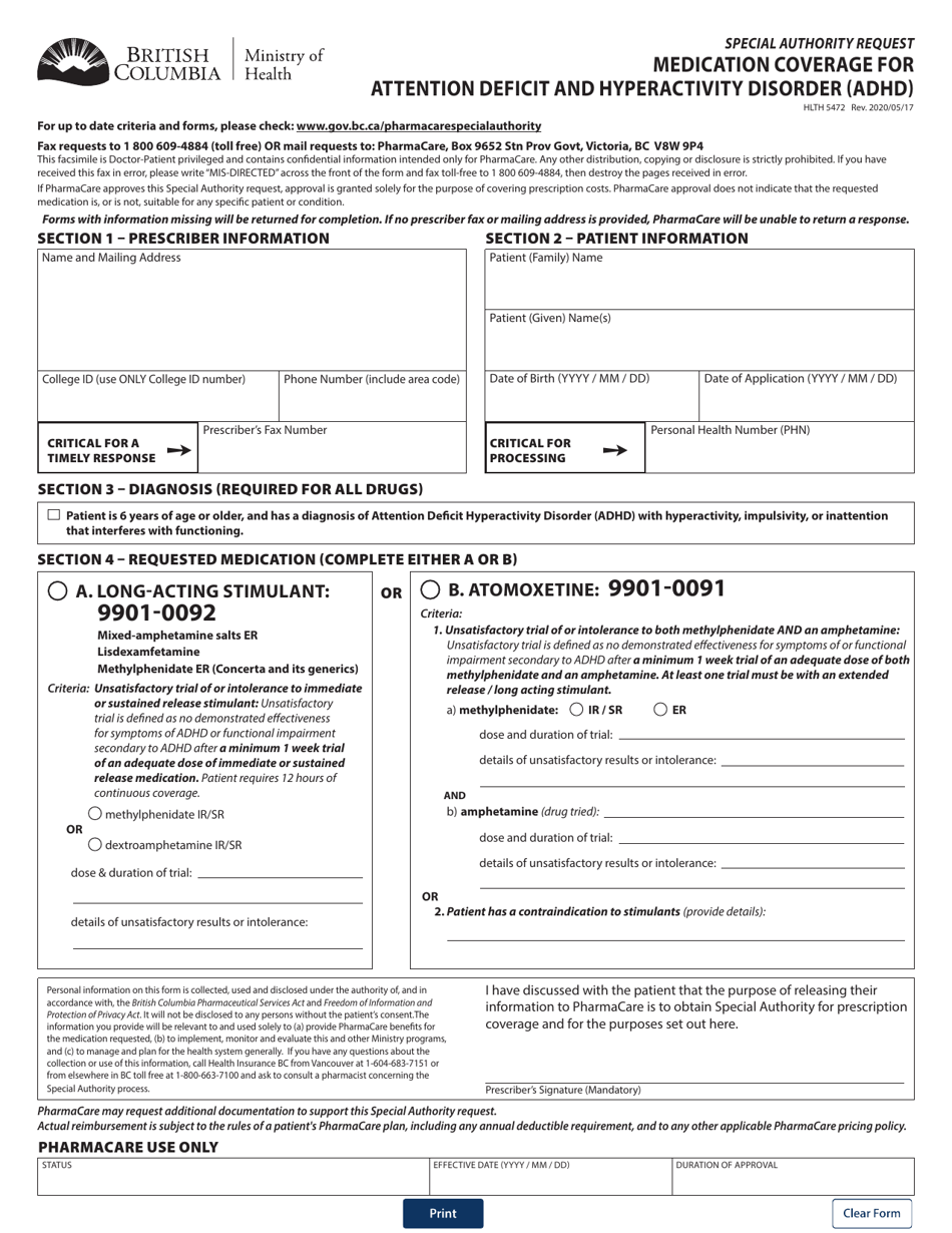 Form HLTH5472 Special Authority Request - Medication Coverage for Attention Deficit and Hyperactivity Disorder (Adhd) - British Columbia, Canada, Page 1