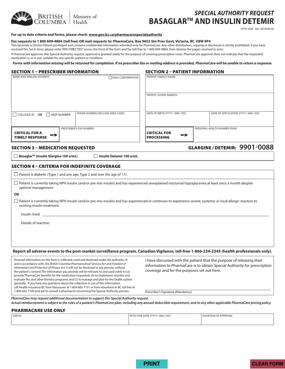 Form HLTH5396 Special Authority Request - Basaglar and Insulin Detemir - British Columbia, Canada, Page 1