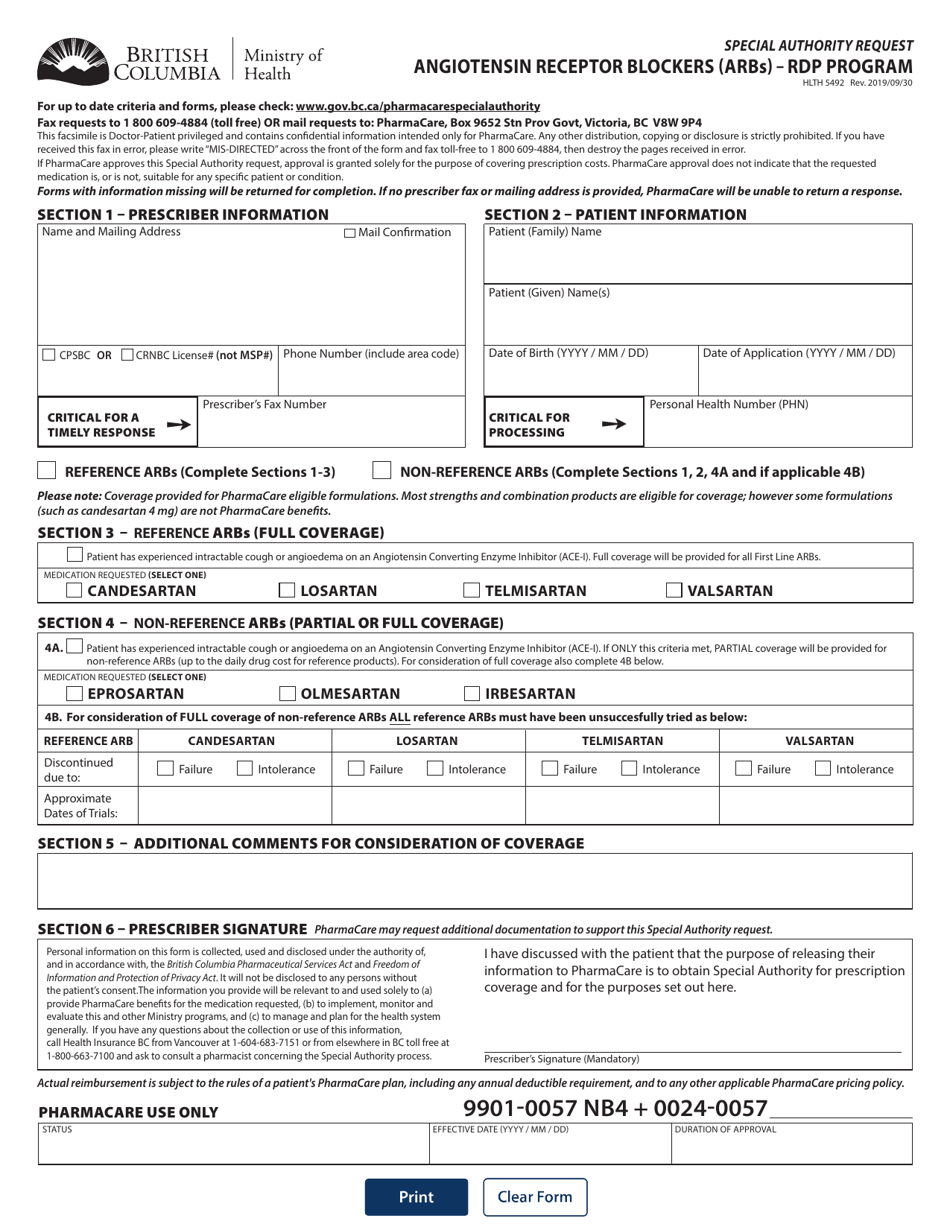 Form HLTH5492 Special Authority Request - Angiotensin Receptor Blockers (Arbs) - Rdp Program - British Columbia, Canada, Page 1