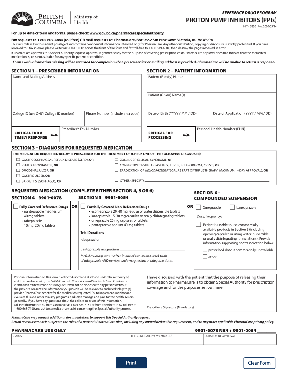 Form HLTH5350 Reference Drug Program - Proton Pump Inhibitors (Ppis) - British Columbia, Canada, Page 1