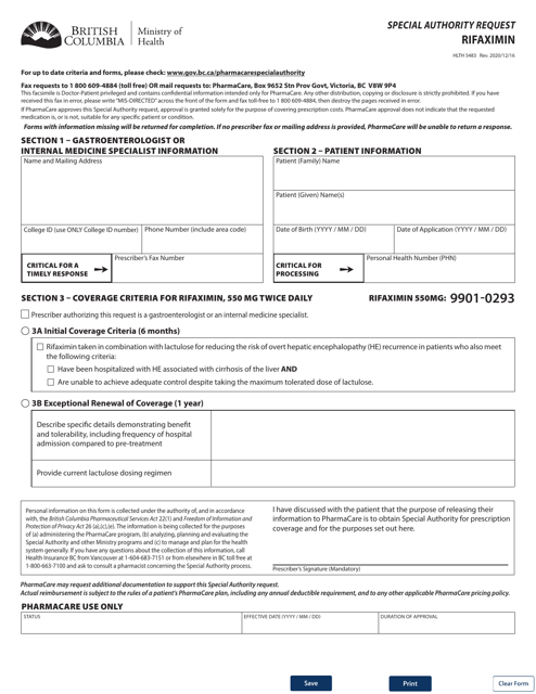 Form HLTH5483 Special Authority Request - Rifaximin - British Columbia, Canada