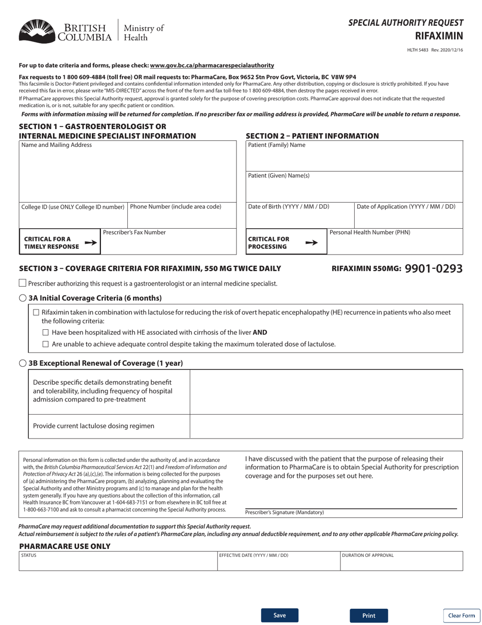 Form HLTH5483 Special Authority Request - Rifaximin - British Columbia, Canada, Page 1