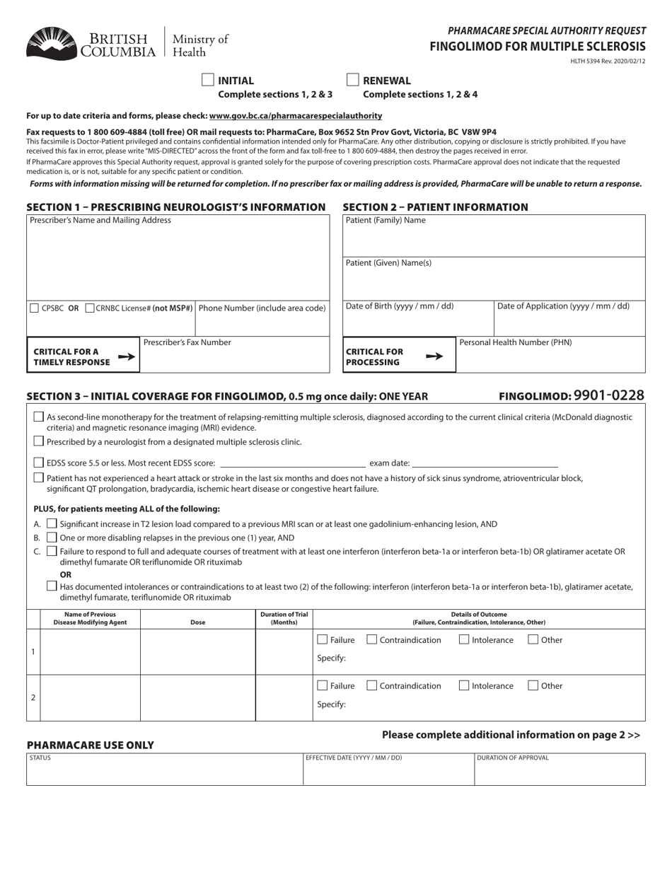 Form HLTH5394 Pharmacare Special Authority Request - Fingolimod for Multiple Sclerosis - British Columbia, Canada, Page 1