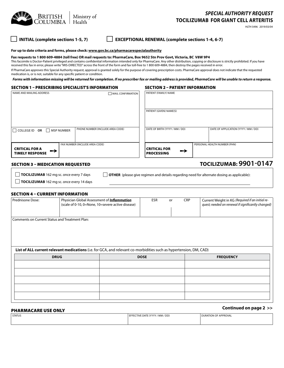 Form HLTH5496 Special Authority Request - Tocilizumab for Giant Cell Arteritis - British Columbia, Canada, Page 1