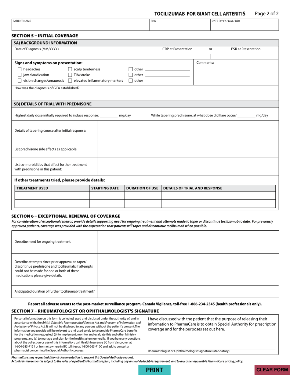 Form HLTH5496 Special Authority Request - Tocilizumab for Giant Cell Arteritis - British Columbia, Canada, Page 2