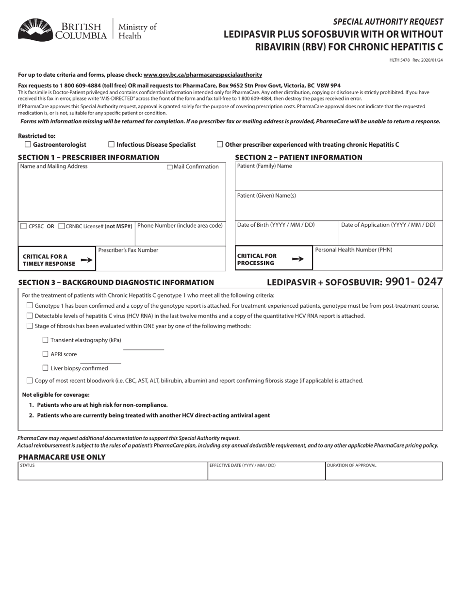 Form HLTH5478 Special Authority Request - Ledipasvir Plus Sofosbuvir With or Without Ribavirin (Rbv) for Chronic Hepatitis C - British Columbia, Canada, Page 1