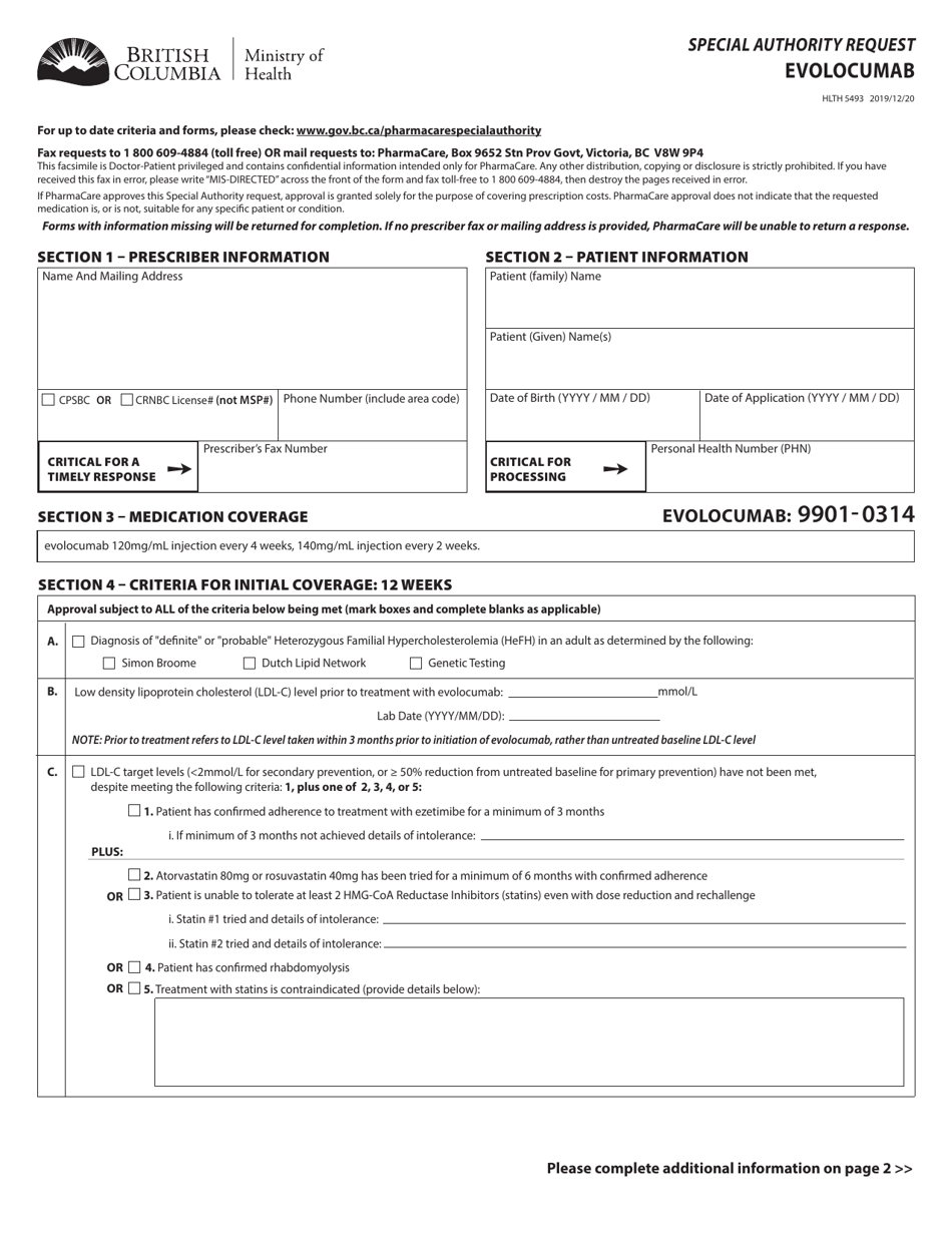 Form HLTH5493 Download Fillable PDF or Fill Online Special Authority
