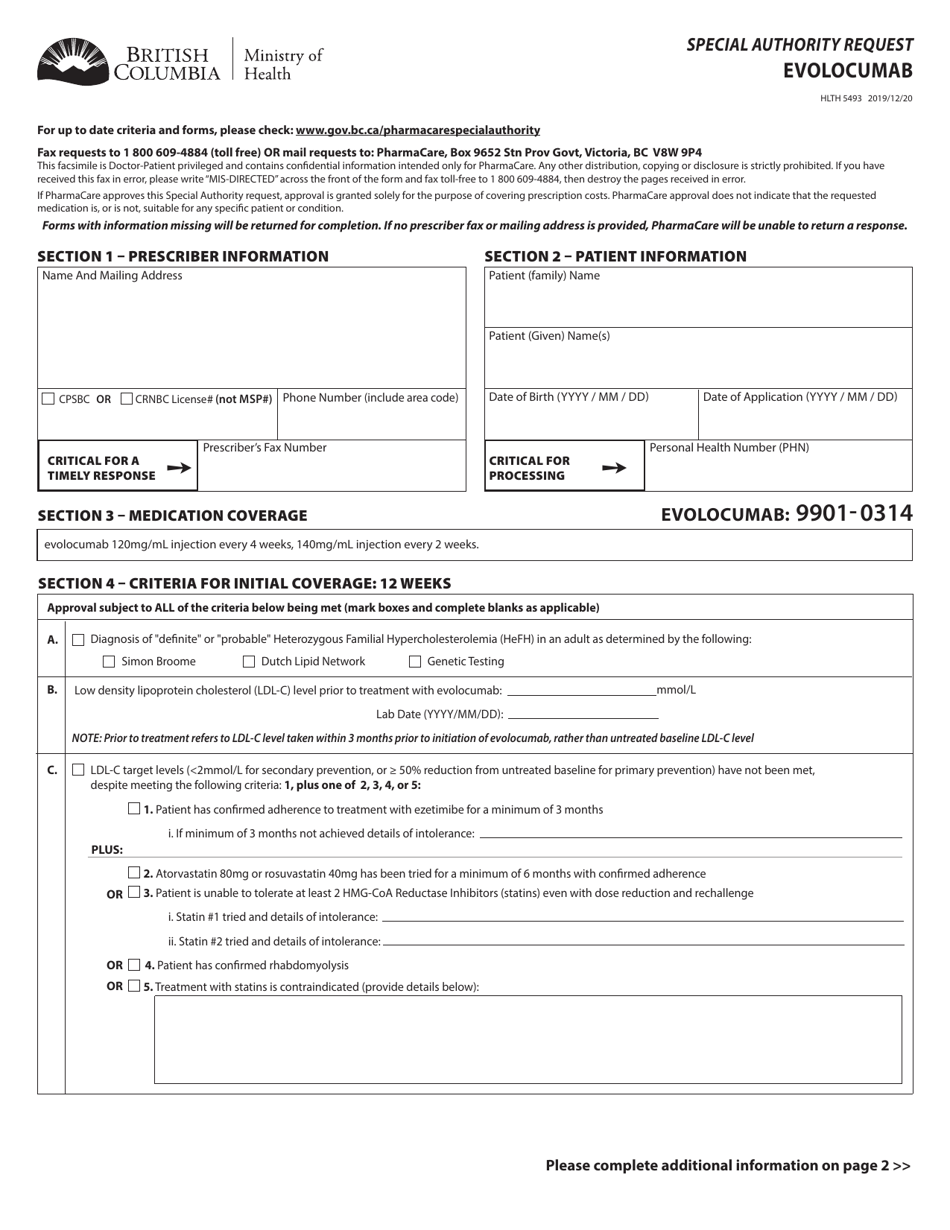 Form HLTH5493 Special Authority Request - Evolocumab - British Columbia, Canada, Page 1