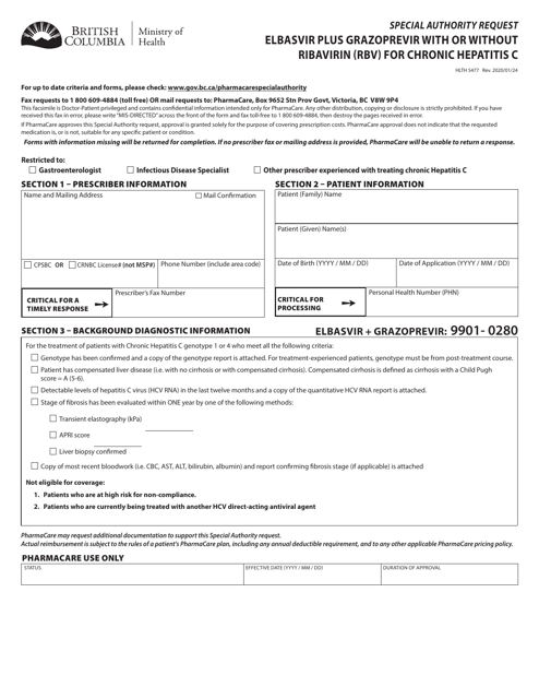 Form HLTH5477 Special Authority Request - Elbasvir Plus Grazoprevir With or Without Ribavirin (Rbv) for Chronic Hepatitis C - British Columbia, Canada