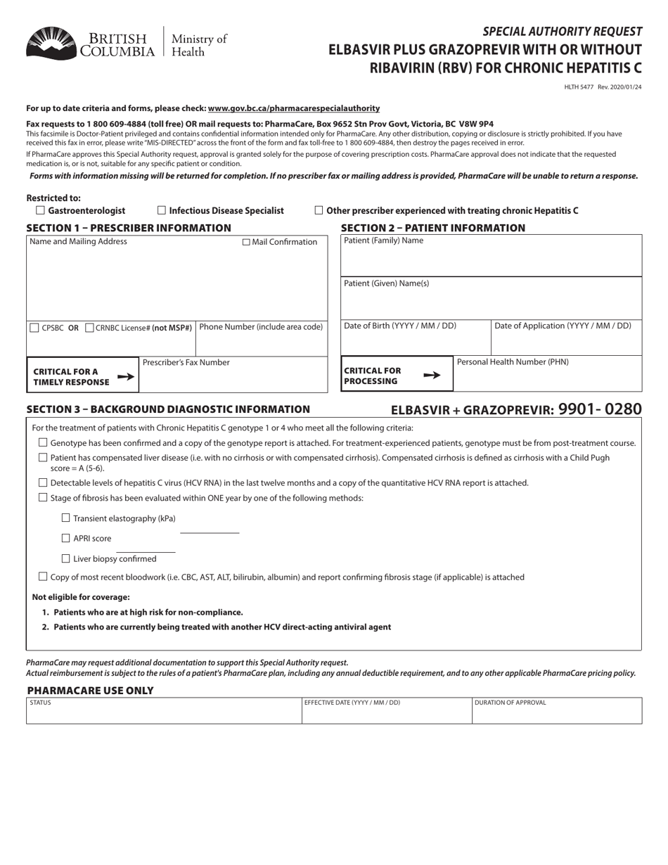 Form HLTH5477 Special Authority Request - Elbasvir Plus Grazoprevir With or Without Ribavirin (Rbv) for Chronic Hepatitis C - British Columbia, Canada, Page 1