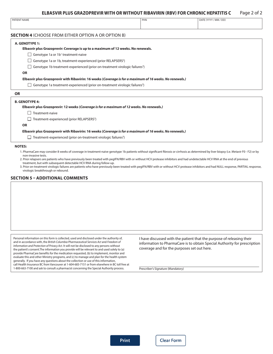 Form HLTH5477 Special Authority Request - Elbasvir Plus Grazoprevir With or Without Ribavirin (Rbv) for Chronic Hepatitis C - British Columbia, Canada, Page 2