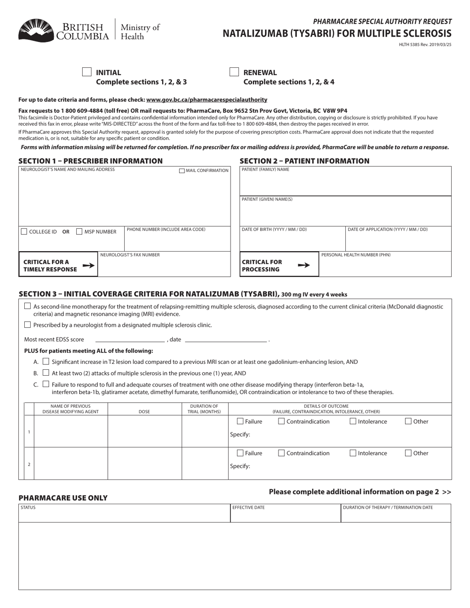 Form HLTH5385 Pharmacare Special Authority Request - Natalizumab (Tysabri) for Multiple Sclerosis - British Columbia, Canada, Page 1